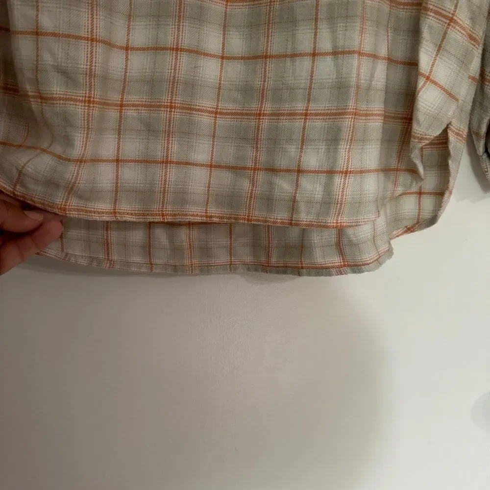 LOFT Plaid Smocked Henley Top Blouse Cream Gray Orange Women's, Size M